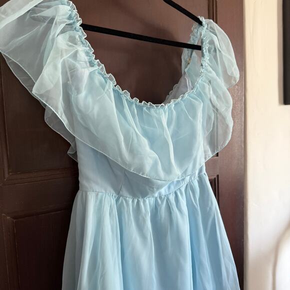 80s Vintage Baby Blue Ruffle Off Shoulder Chiffon Prom Dress with Gather Small - Picture 6 of 6